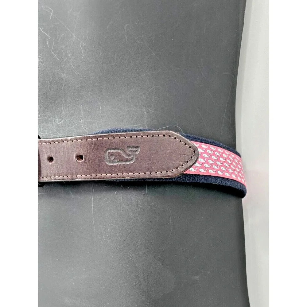 Vineyard Vines Men's Blue Woven Cotton Pink Canvas Whale Logo Golf Belt Size S/M